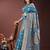 Teal blue silk blend saree with zari woven pallu