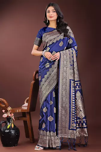 Navy blue silk blend saree with zari woven pallu