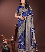 Navy blue silk blend saree with zari woven pallu