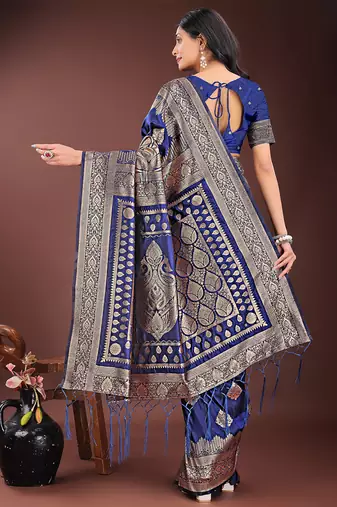 Navy blue silk blend saree with zari woven pallu