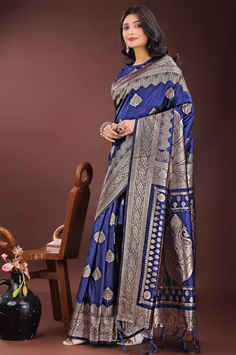 Navy blue silk blend saree with zari woven pallu