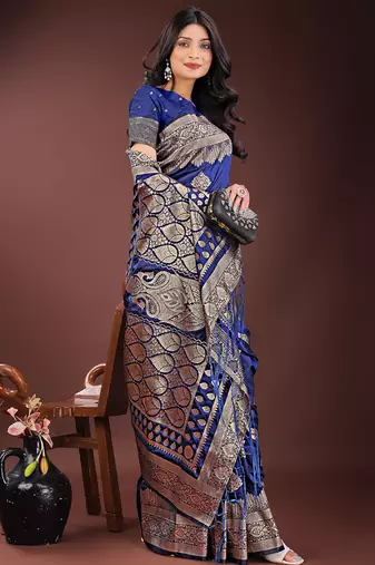 Navy blue silk blend saree with zari woven pallu