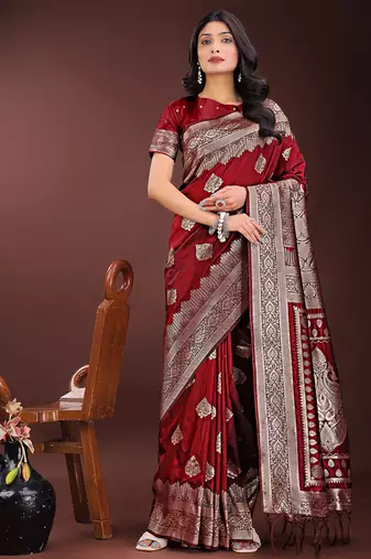 Maroon silk blend saree with zari woven pallu