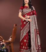 Maroon silk blend saree with zari woven pallu