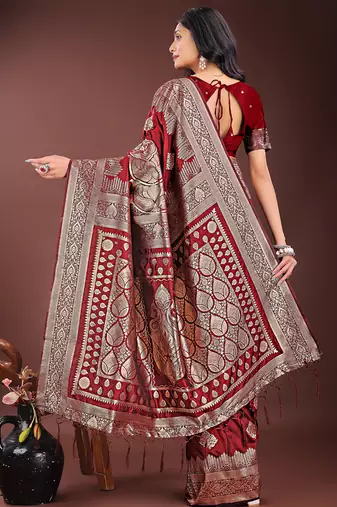 Maroon silk blend saree with zari woven pallu