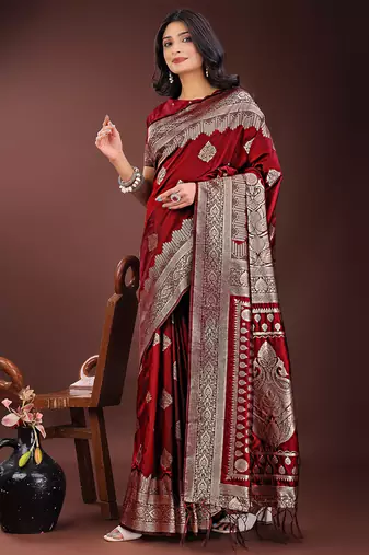 Maroon silk blend saree with zari woven pallu