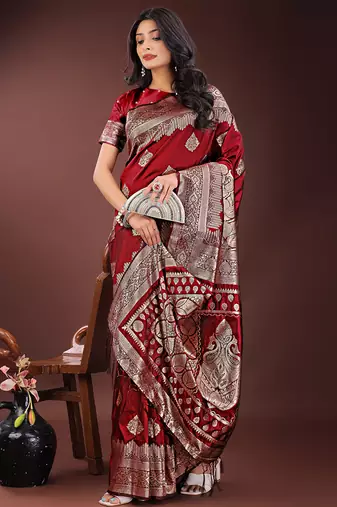 Maroon silk blend saree with zari woven pallu