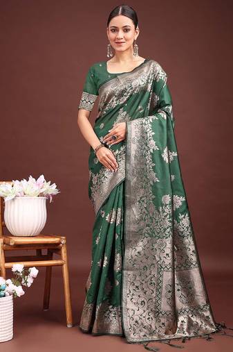 Dark green banarasi silk blend floral woven saree