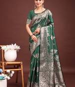 Dark green banarasi silk blend floral woven saree