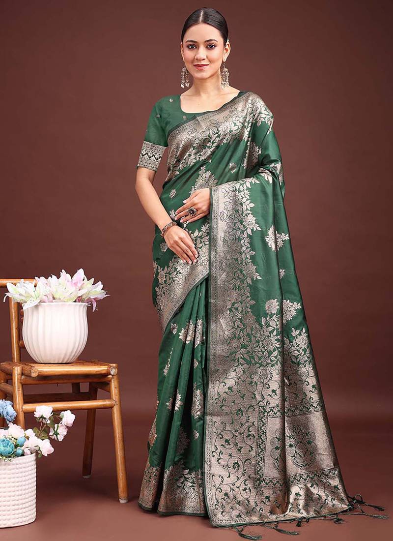 Dark green banarasi silk blend floral woven saree