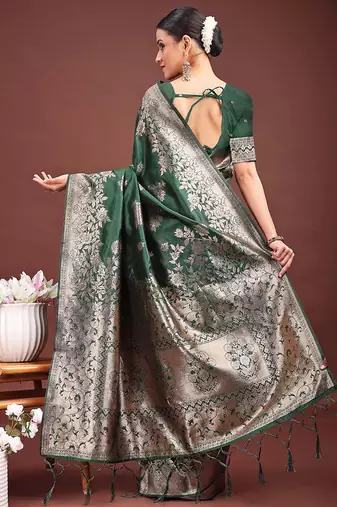 Dark green banarasi silk blend floral woven saree