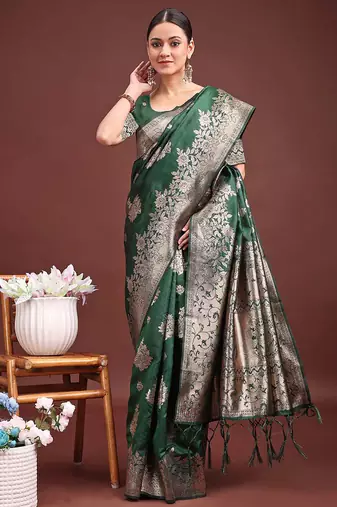 Dark green banarasi silk blend floral woven saree