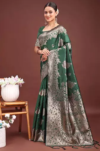 Dark green banarasi silk blend floral woven saree