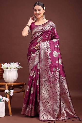 Wine banarasi silk blend floral woven saree