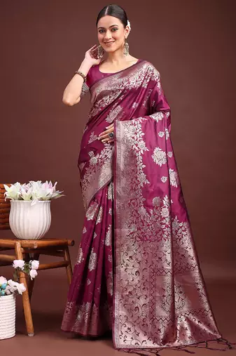 Wine banarasi silk blend floral woven saree