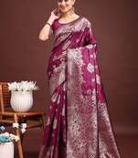 Wine banarasi silk blend floral woven saree