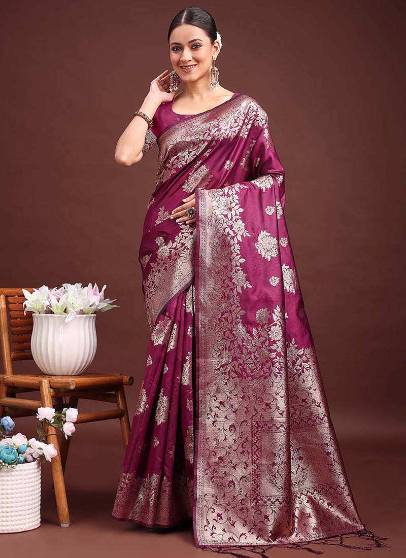 Wine banarasi silk blend floral woven saree