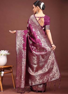 Wine banarasi silk blend floral woven saree 2