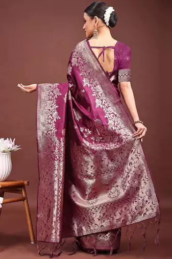 Wine banarasi silk blend floral woven saree