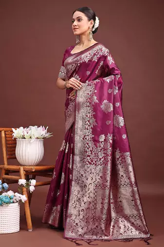 Wine banarasi silk blend floral woven saree