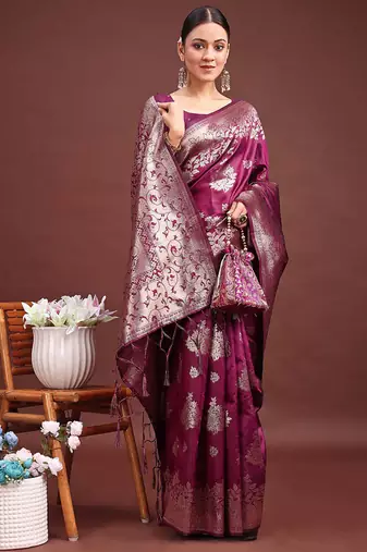 Wine banarasi silk blend floral woven saree