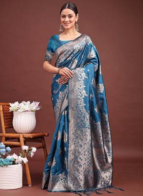 Teal blue banarasi silk blend floral woven saree 1