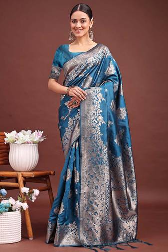 Teal blue banarasi silk blend floral woven saree