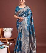 Teal blue banarasi silk blend floral woven saree