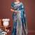 Teal blue banarasi silk blend floral woven saree