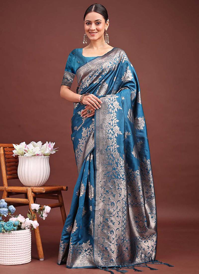 Teal blue banarasi silk blend floral woven saree