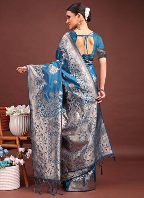 Teal blue banarasi silk blend floral woven saree 2