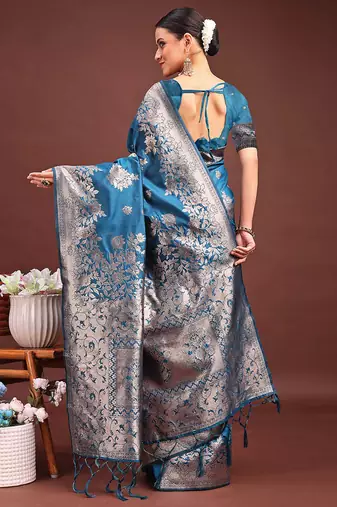 Teal blue banarasi silk blend floral woven saree