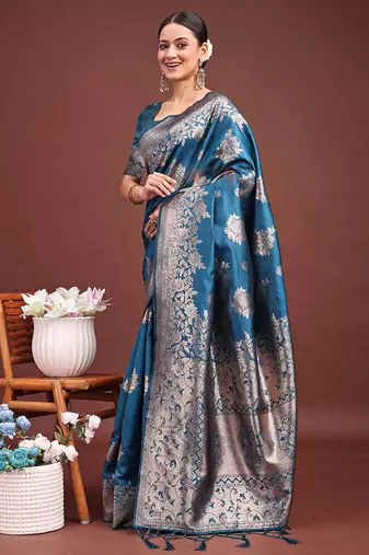 Teal blue banarasi silk blend floral woven saree