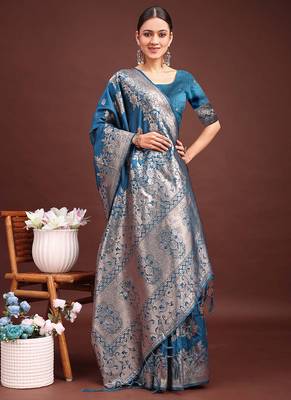 Teal blue banarasi silk blend floral woven saree 4