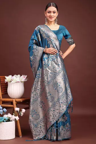 Teal blue banarasi silk blend floral woven saree