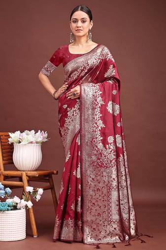 Maroon banarasi silk blend floral woven saree