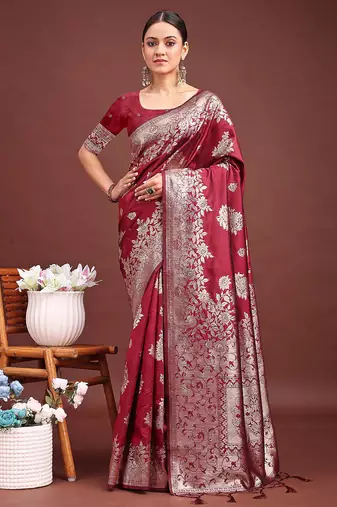 Maroon banarasi silk blend floral woven saree
