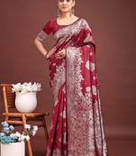 Maroon banarasi silk blend floral woven saree