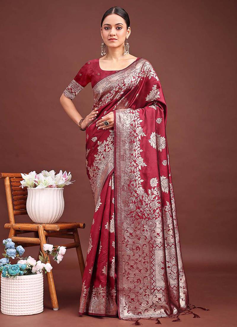 Maroon banarasi silk blend floral woven saree