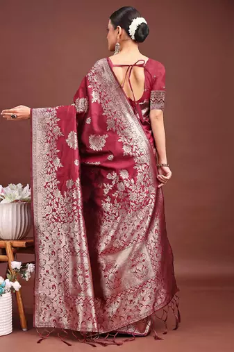 Maroon banarasi silk blend floral woven saree
