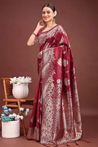 Maroon banarasi silk blend floral woven saree