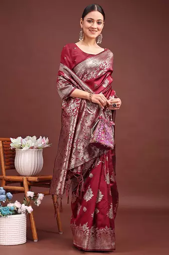 Maroon banarasi silk blend floral woven saree