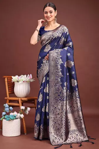 Navy blue banarasi silk blend floral woven saree