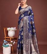 Navy blue banarasi silk blend floral woven saree