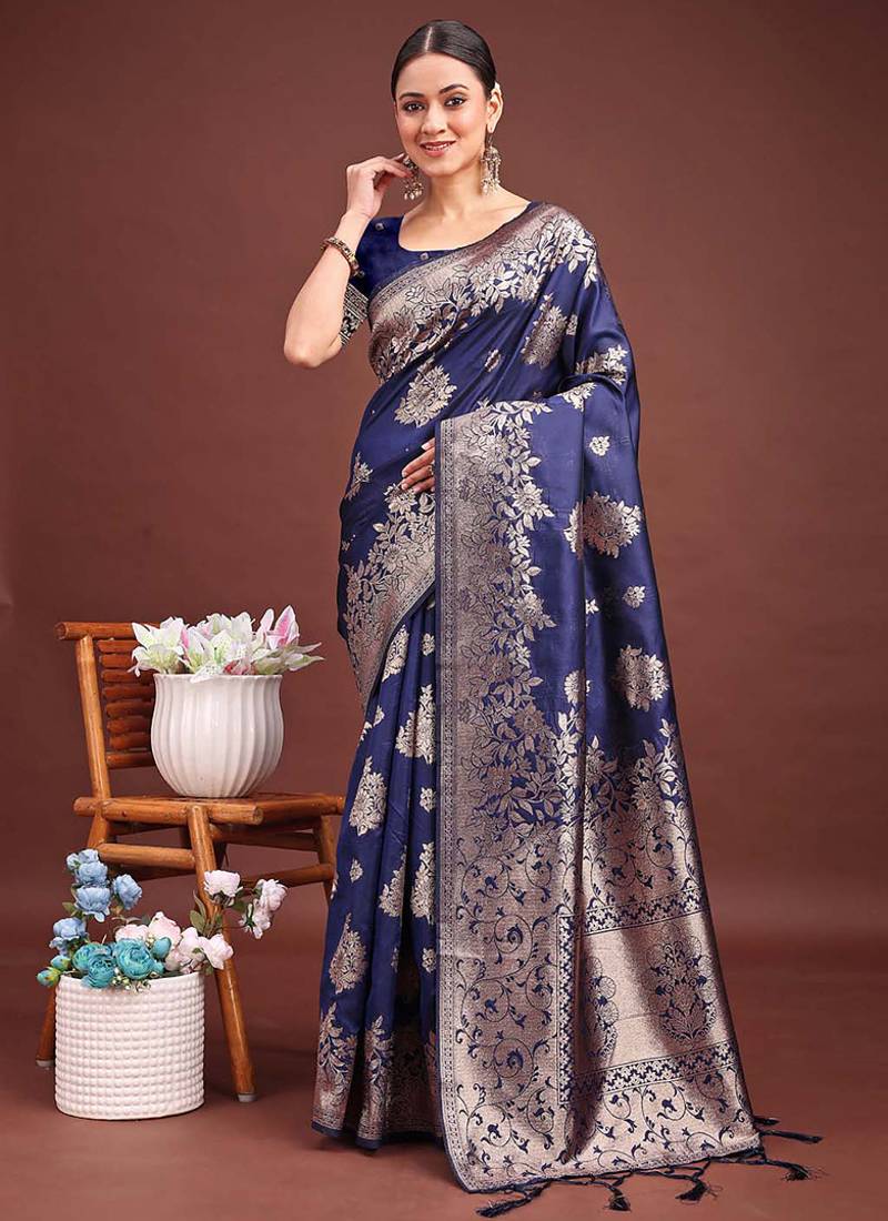 Navy blue banarasi silk blend floral woven saree