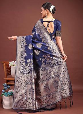 Navy blue banarasi silk blend floral woven saree 2