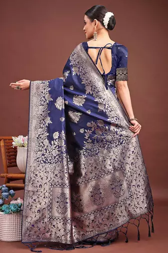 Navy blue banarasi silk blend floral woven saree