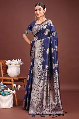 Navy blue banarasi silk blend floral woven saree