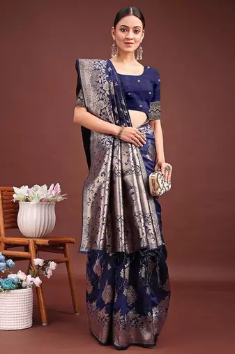 Navy blue banarasi silk blend floral woven saree
