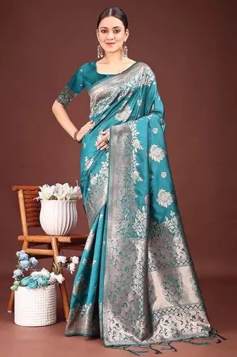 Turquoise banarasi silk blend floral woven saree